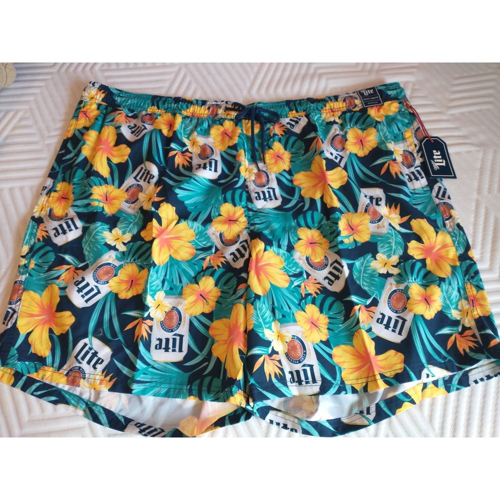 Miller Lite Swim Shorts‎ Men's Floral 4XB Trunks Beer Logo Swim Trunks Beach NWT